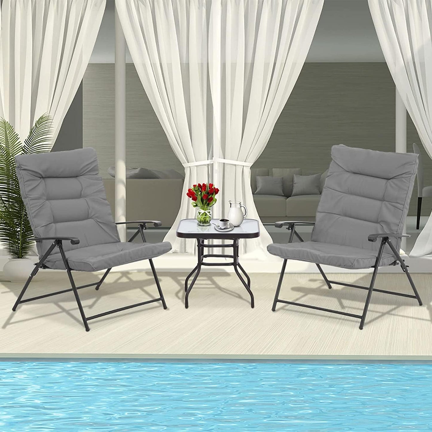 3 Piece Folding Chair Set Outdoor Furniture Adjustable Reclining Bistro Set with Classic Grey Cushions