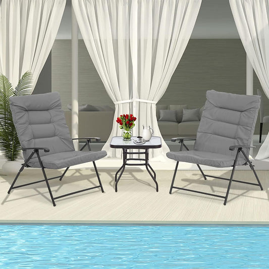 3 Piece Folding Chair Set Outdoor Furniture Adjustable Reclining Bistro Set with Classic Grey Cushions