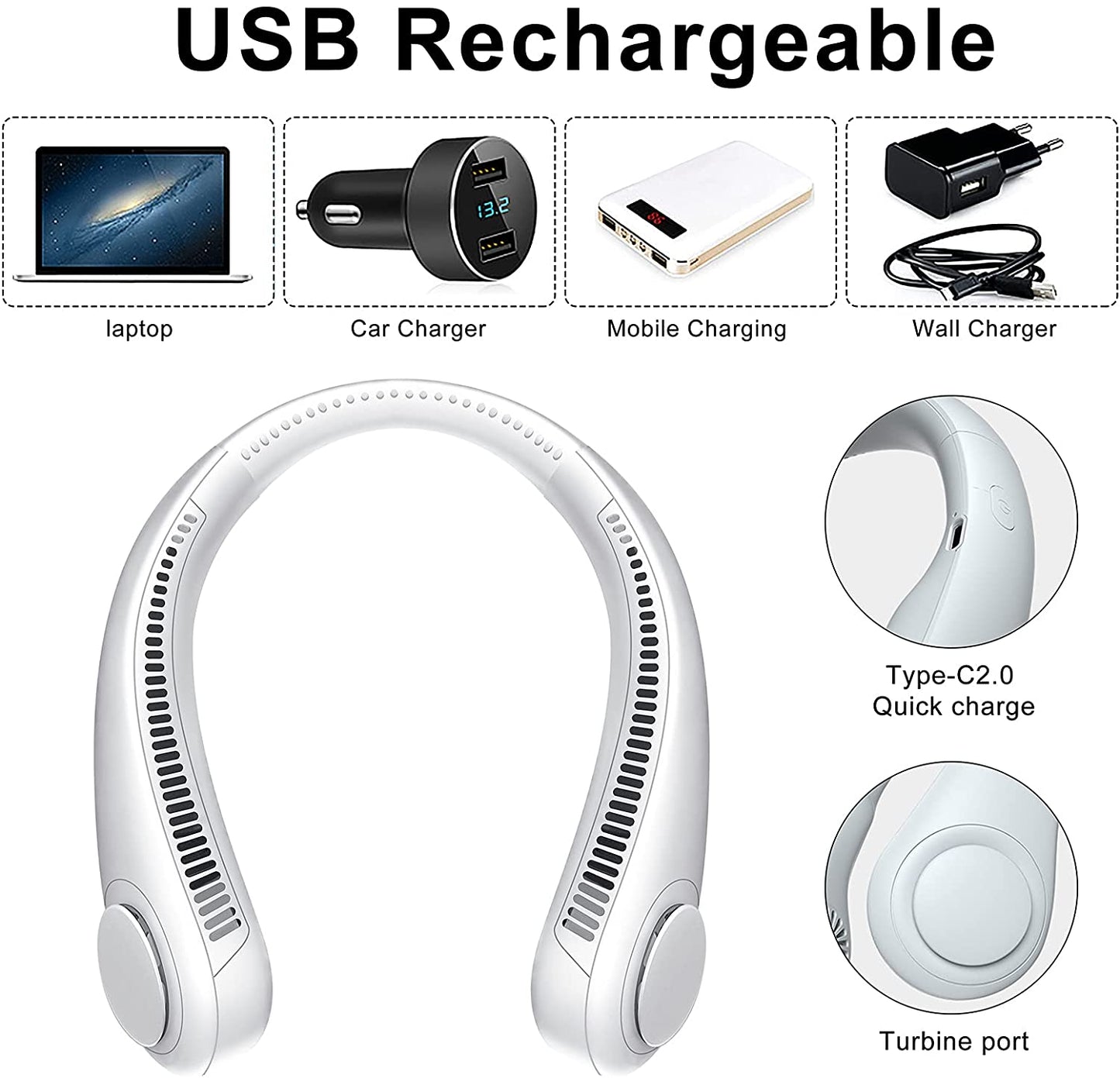 Portable Handsfree Bladeless Rechargeable Hanging Neck Fan White