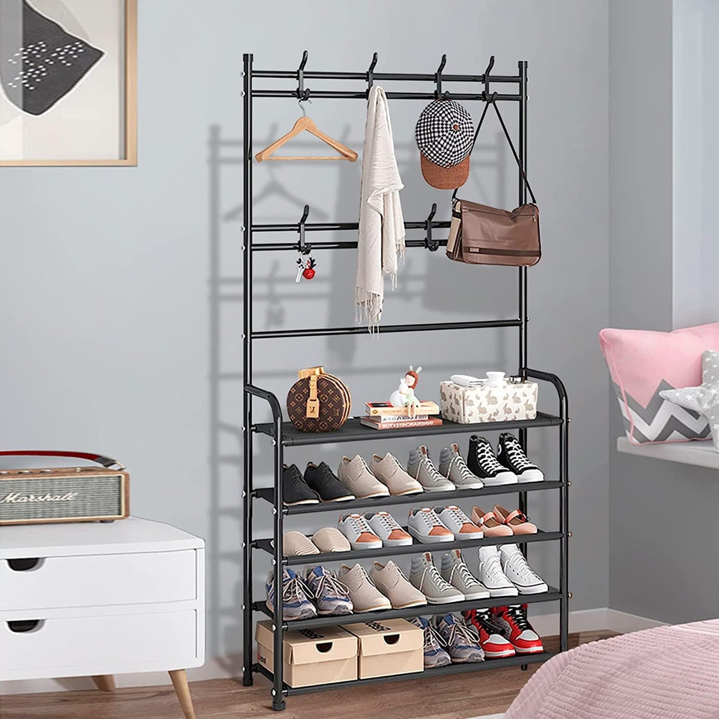 5 Tier Coat Rack Shoe Shelf Storage Organizer 169x80cm Black
