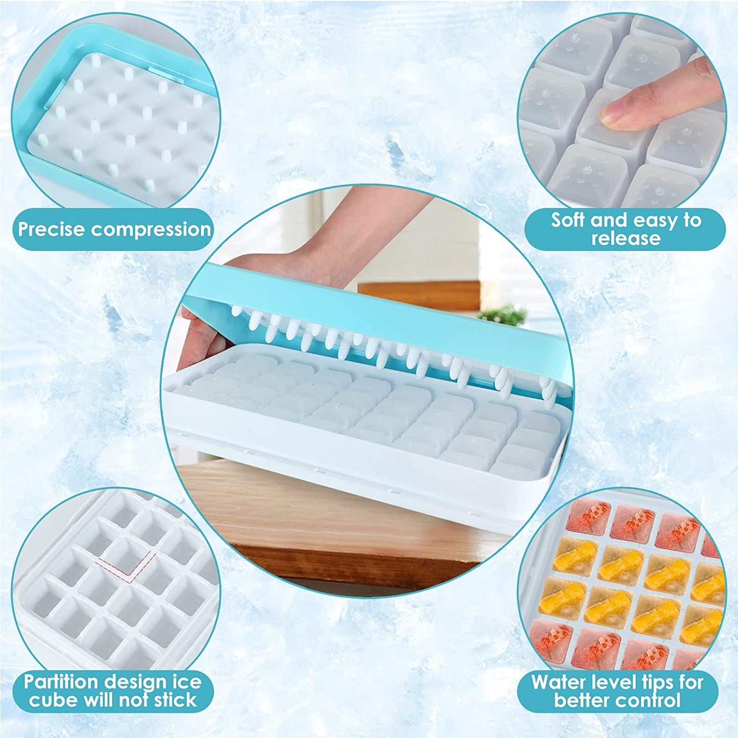 Press to Release Stackable 64Pcs Ice Molds Trays with Ice container Ice Maker Blue