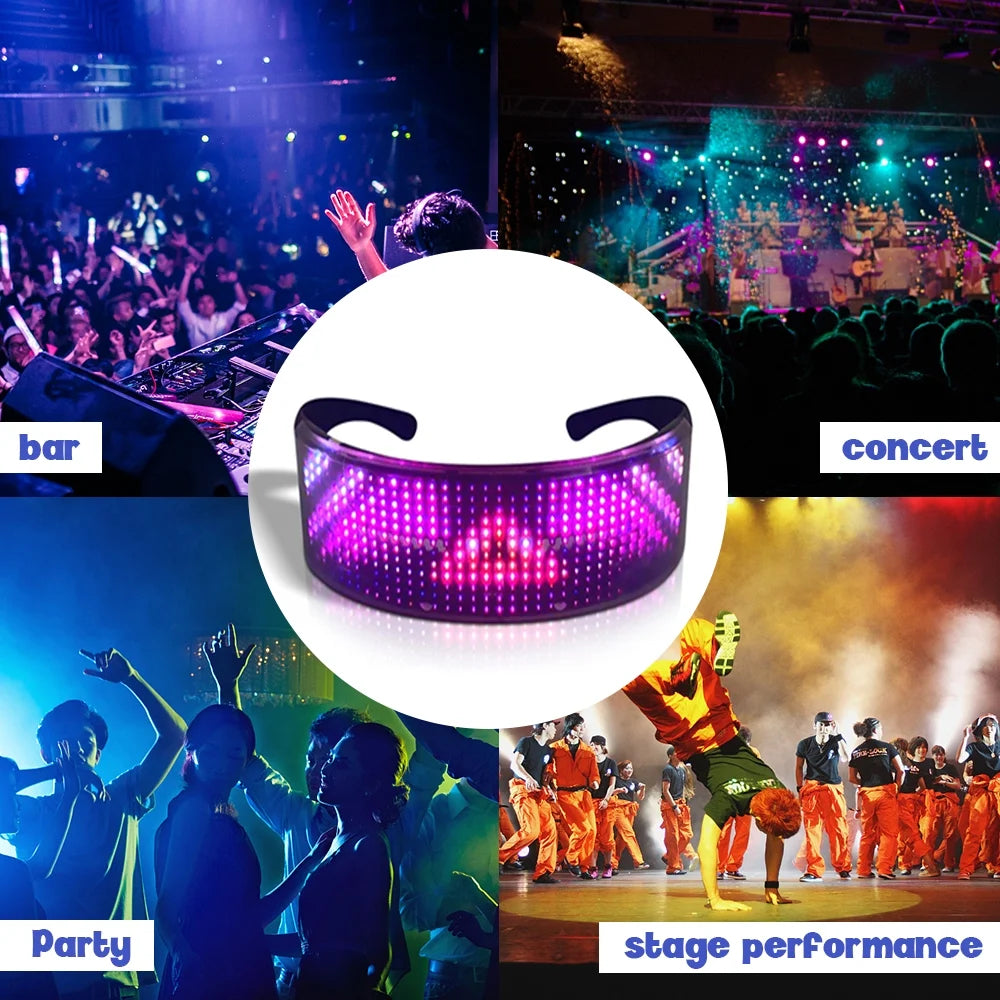 Bluetooth Programmable Full Color LED Glasses – USB Rechargeable Light Up Shining Glasses for Party & Festival
