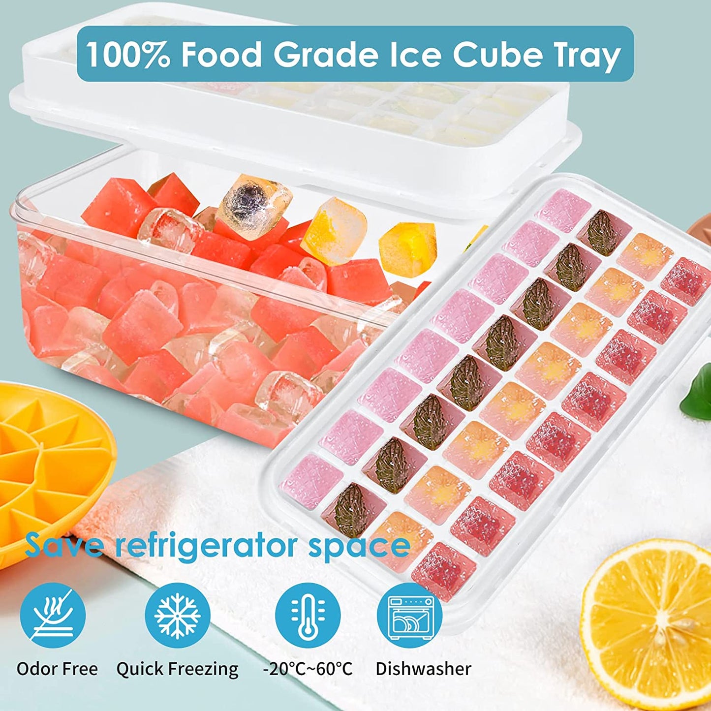 Press to Release Stackable 64Pcs Ice Molds Trays with Ice container Ice Maker Blue