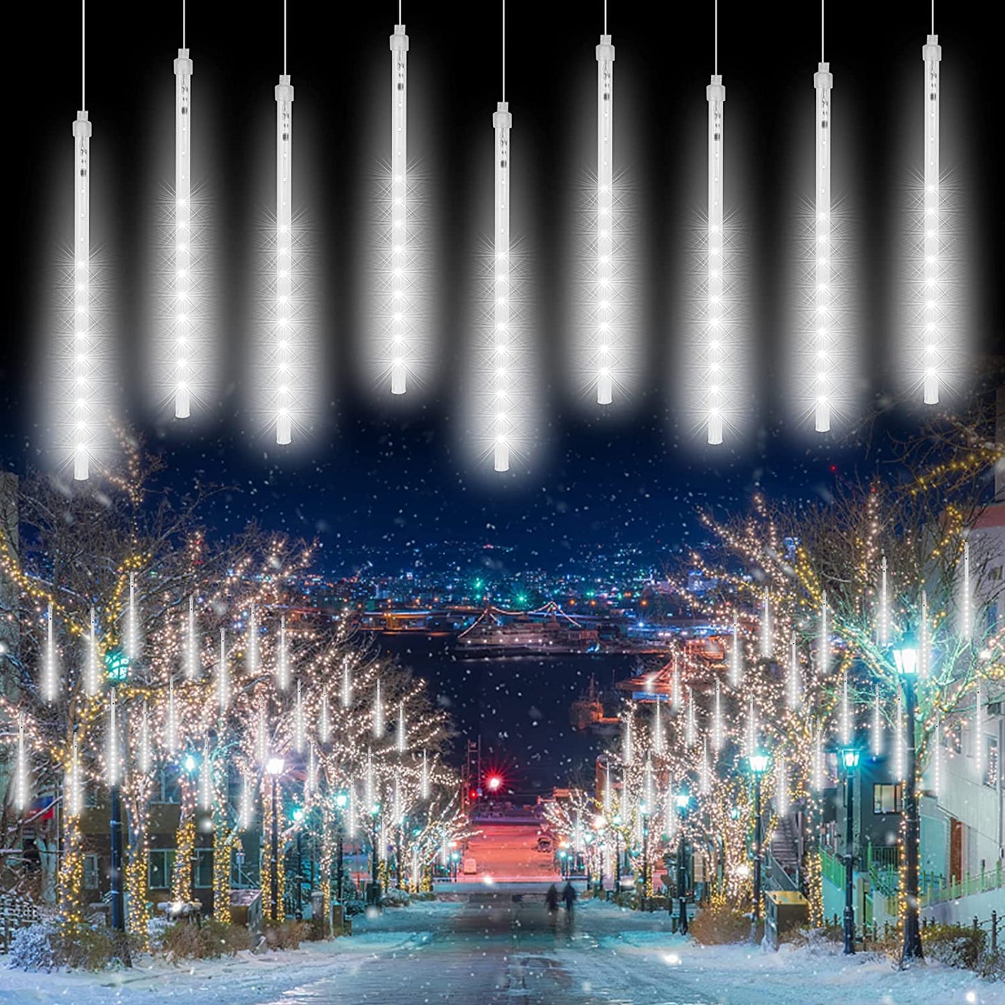 288 LED 8 Tubes Solar Meteor Shower Christmas Lights Outdoor - Snow White