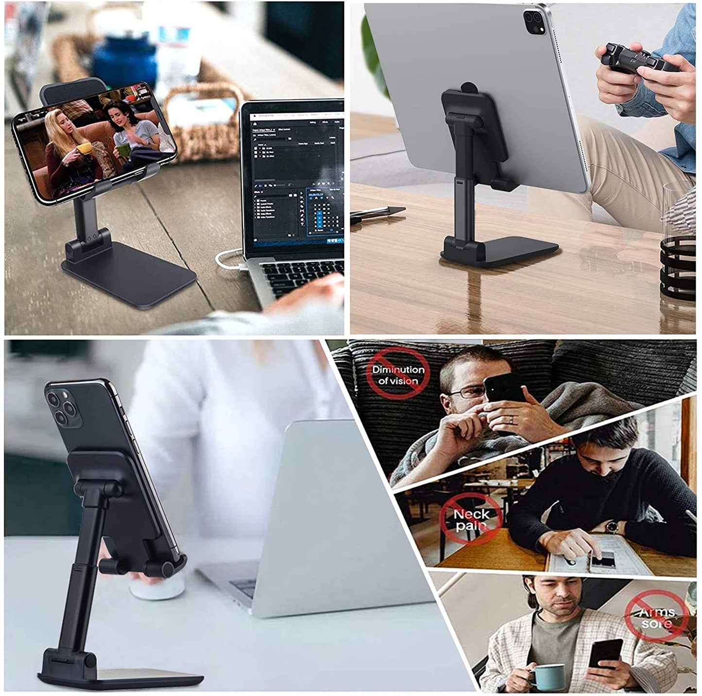 Foldable Angle Height Adjustable Desk Phone Tablet Holder - Black