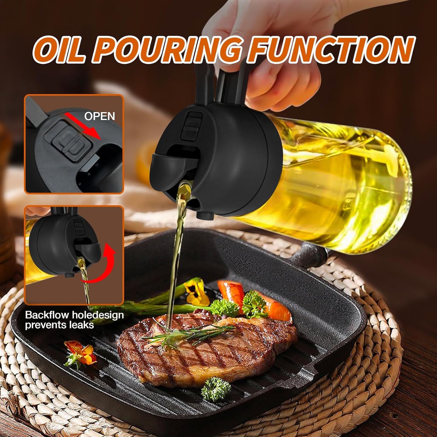 Dual-Function Oil Spray Bottle for Cooking 470ml Black