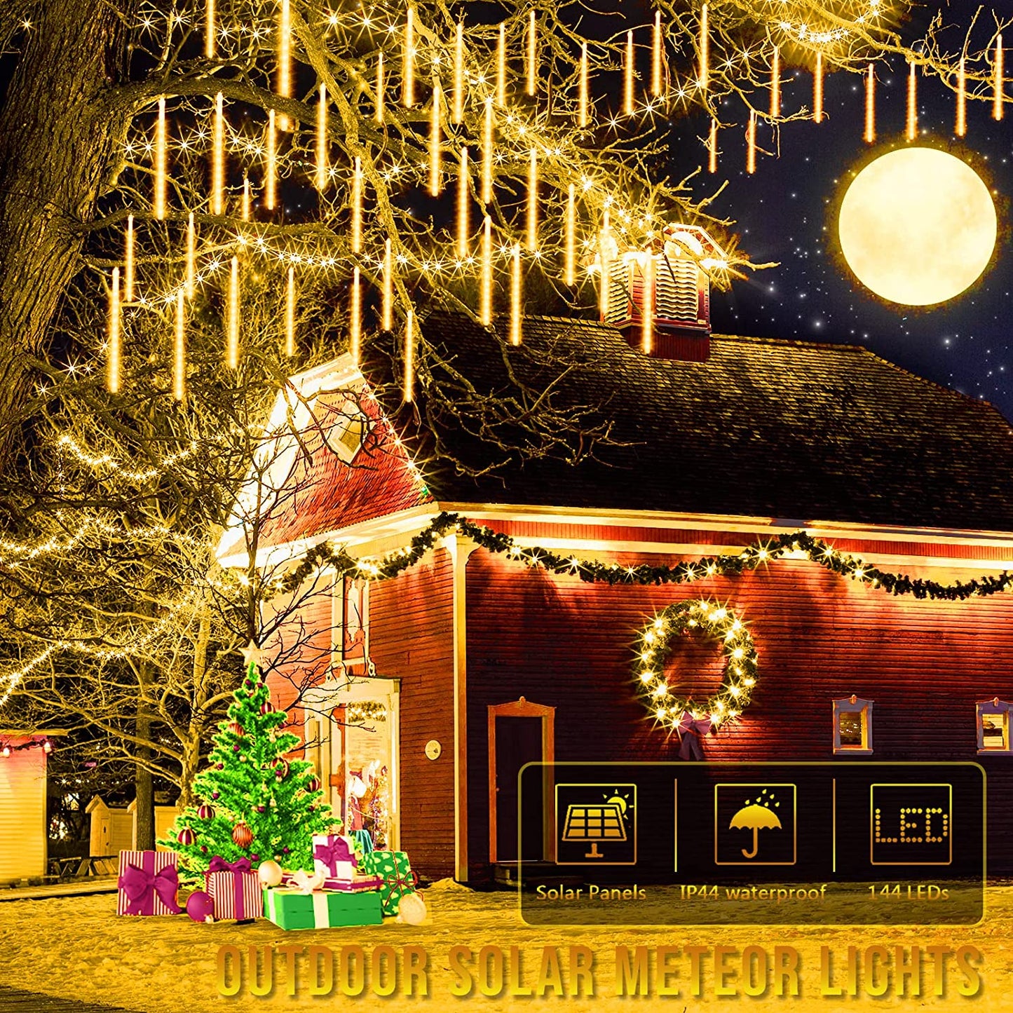 288 LED 8 Tubes Solar Meteor Shower Christmas Lights Outdoor - Yellow