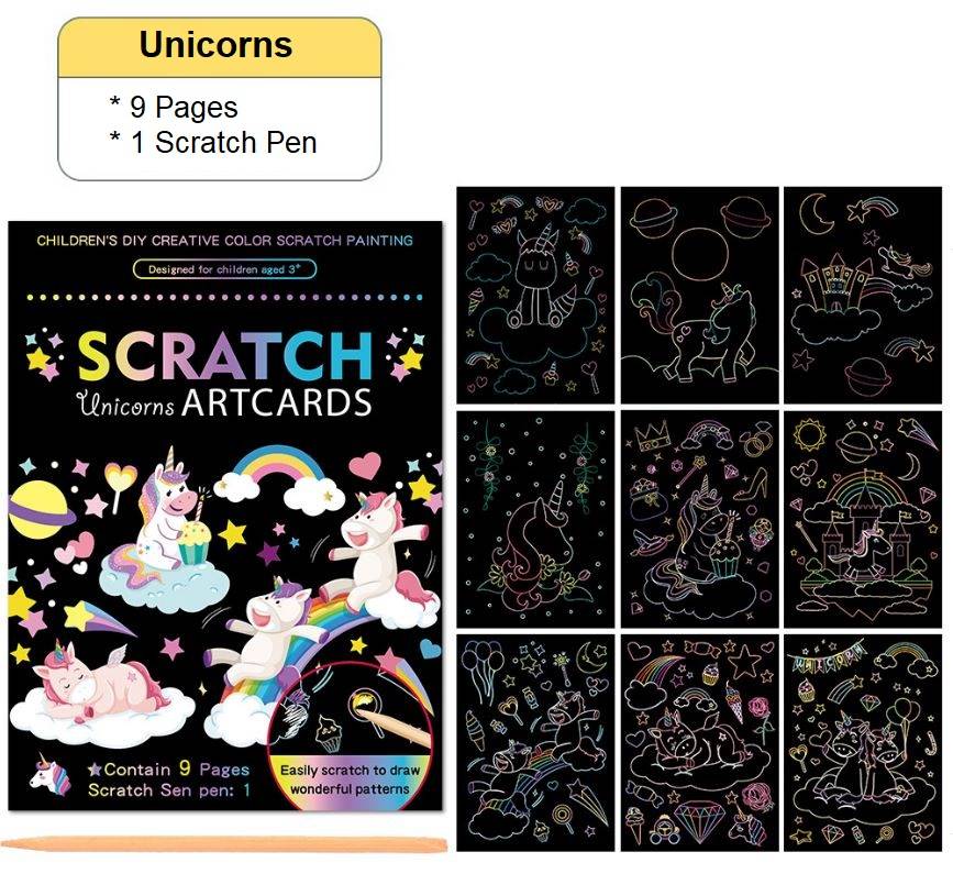 5 pc Scratch Coloring Book - Unicorn, Dinosaur, Animals, Ocean, Mermaids (45 sheets)