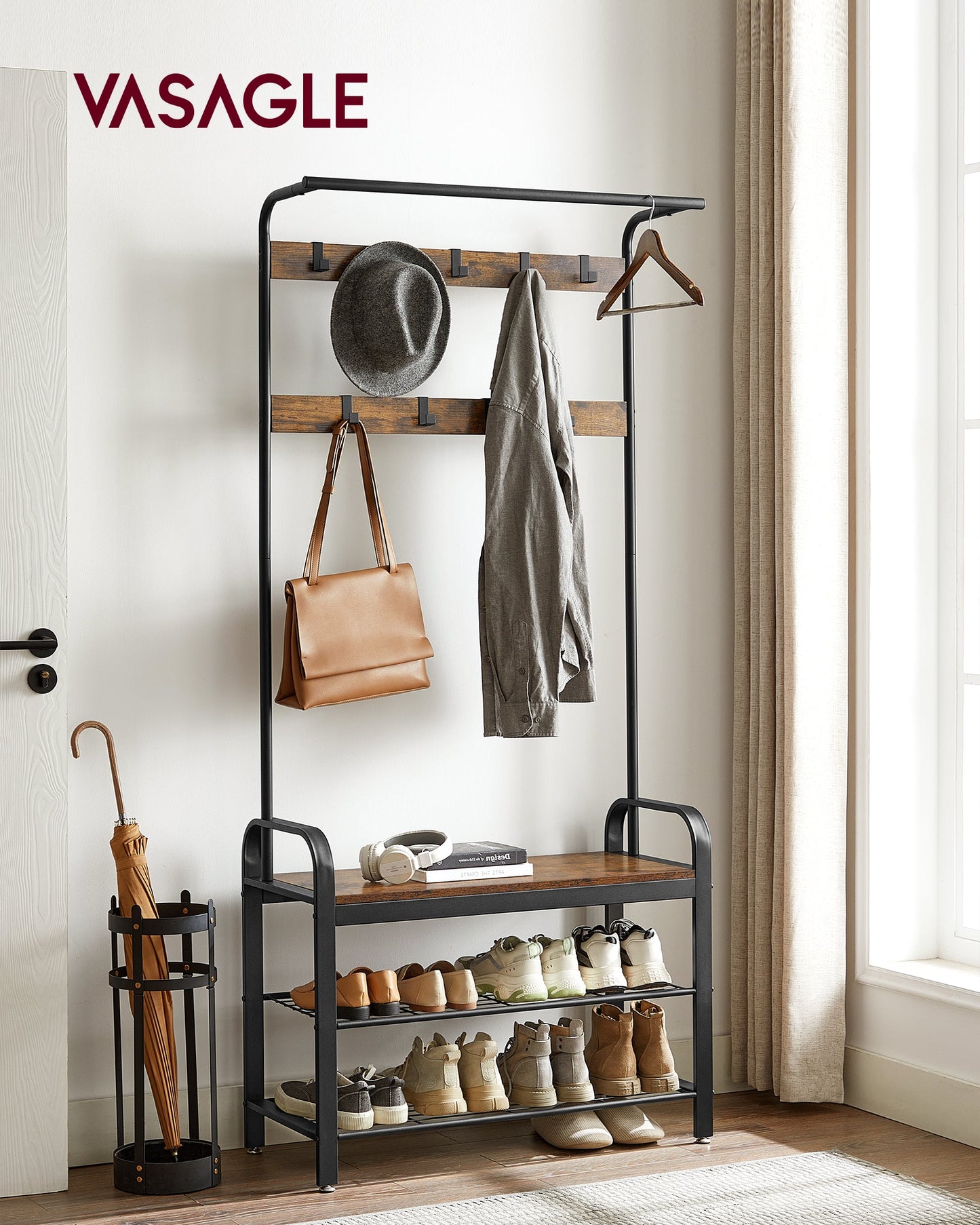 VASAGLE Coat Rack, Coat Stand with Shoe Storage Bench