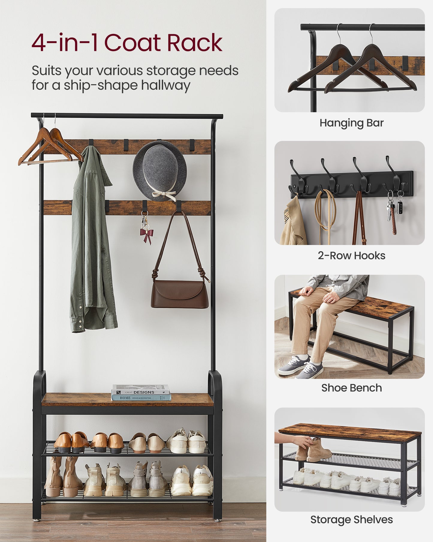 VASAGLE Coat Rack, Coat Stand with Shoe Storage Bench