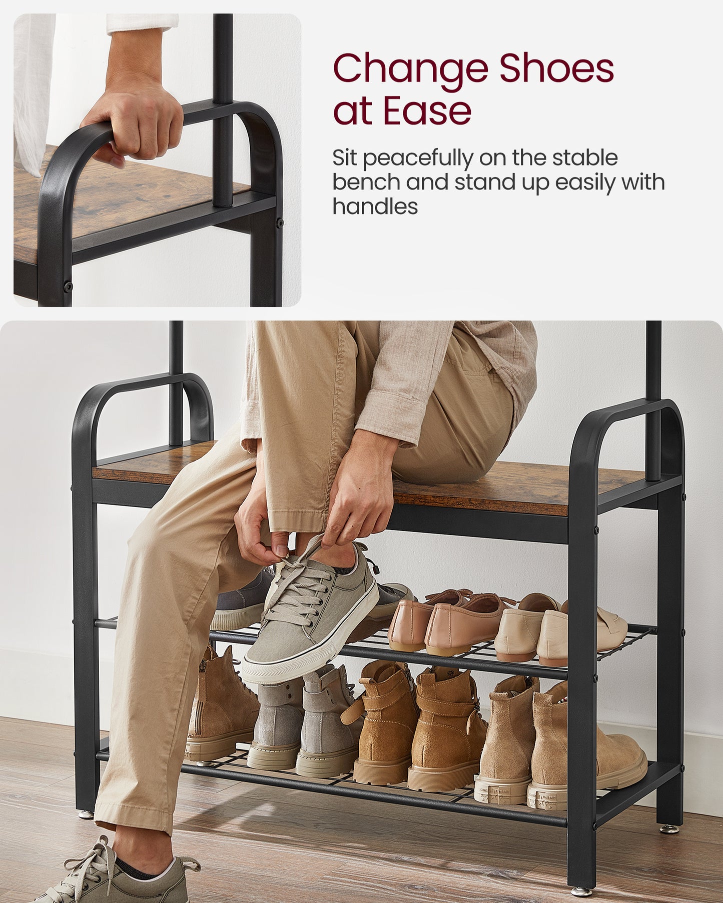 VASAGLE Coat Rack, Coat Stand with Shoe Storage Bench