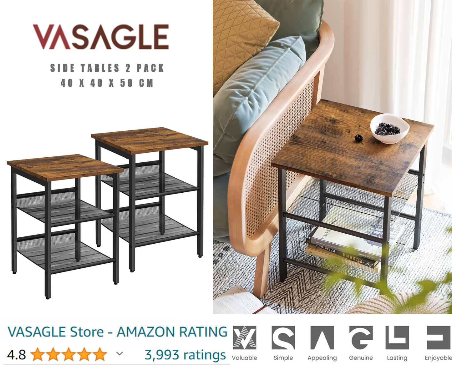 VASAGLE Side Table Set, Nightstand, Industrial Set of 2 Bedside Tables