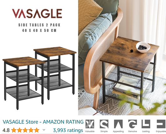 VASAGLE Side Table Set, Nightstand, Industrial Set of 2 Bedside Tables