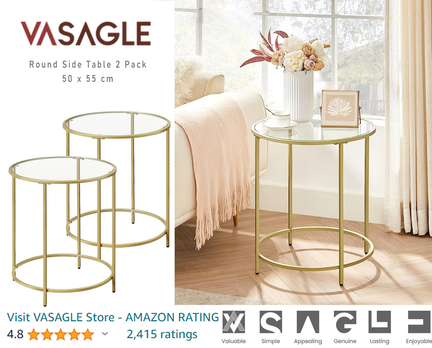 VASAGLE Round Glass Side Table Set of 2