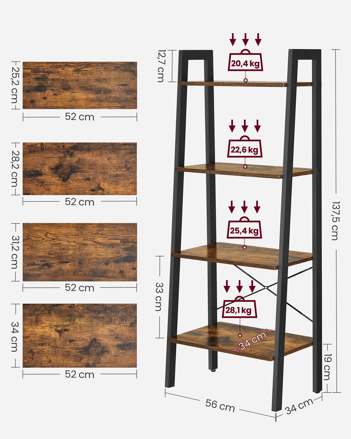 VASAGLE Ladder Shelf, 4-Tier Bookshelf, Storage Rack