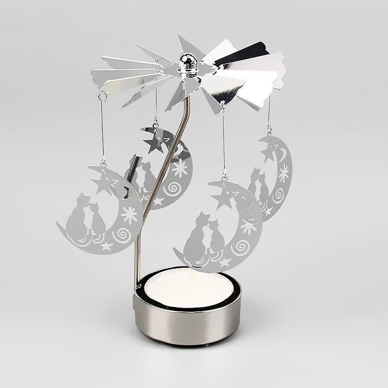 Rotating Candle Holder Metal Silver Tealight Candle Holder - Cat on the moon