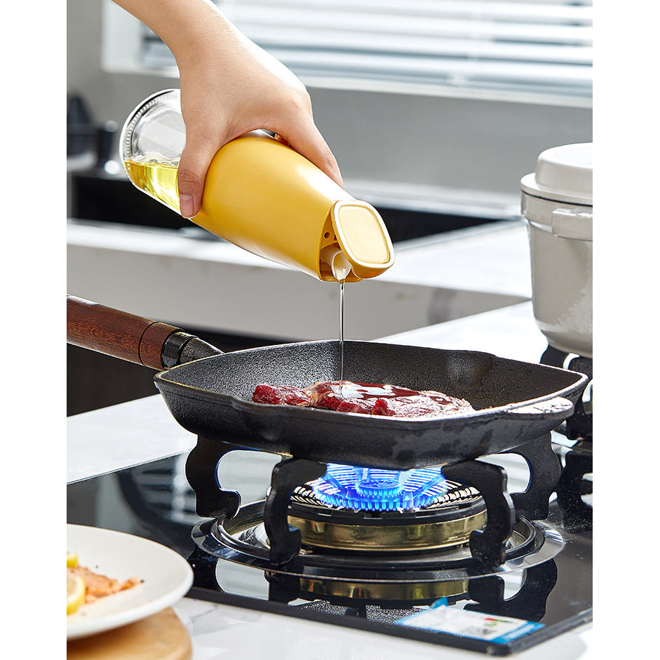 Oil Bottle 500ml Glass Oil Dispenser, Oil and Vinegar Dispenser with Silica Gel Pourers - Yellow