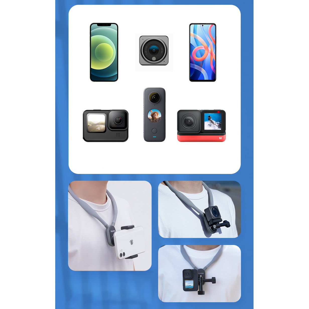 TELESIN Magnetic Neck Holder Mount for Go Pro Insta360 DJI Action Camera iPhone Android