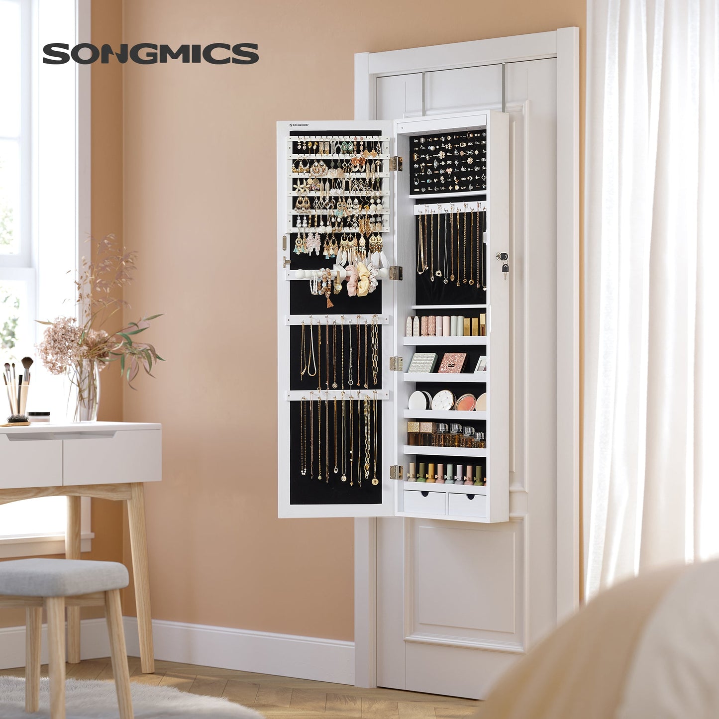 SONGMICS 6 LEDs Mirror Jewelry Cabinet, 47.2-Inch