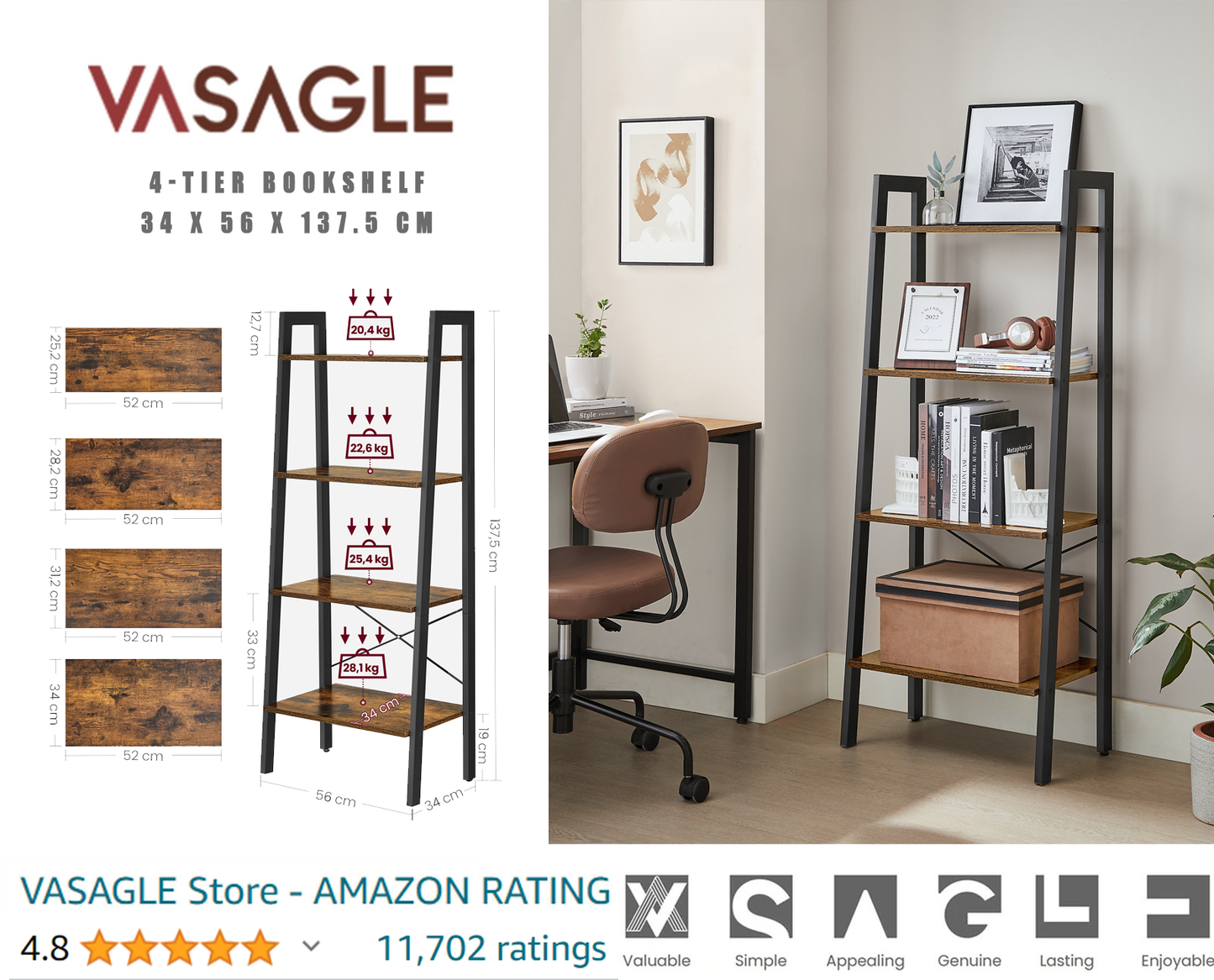 VASAGLE Ladder Shelf, 4-Tier Bookshelf, Storage Rack