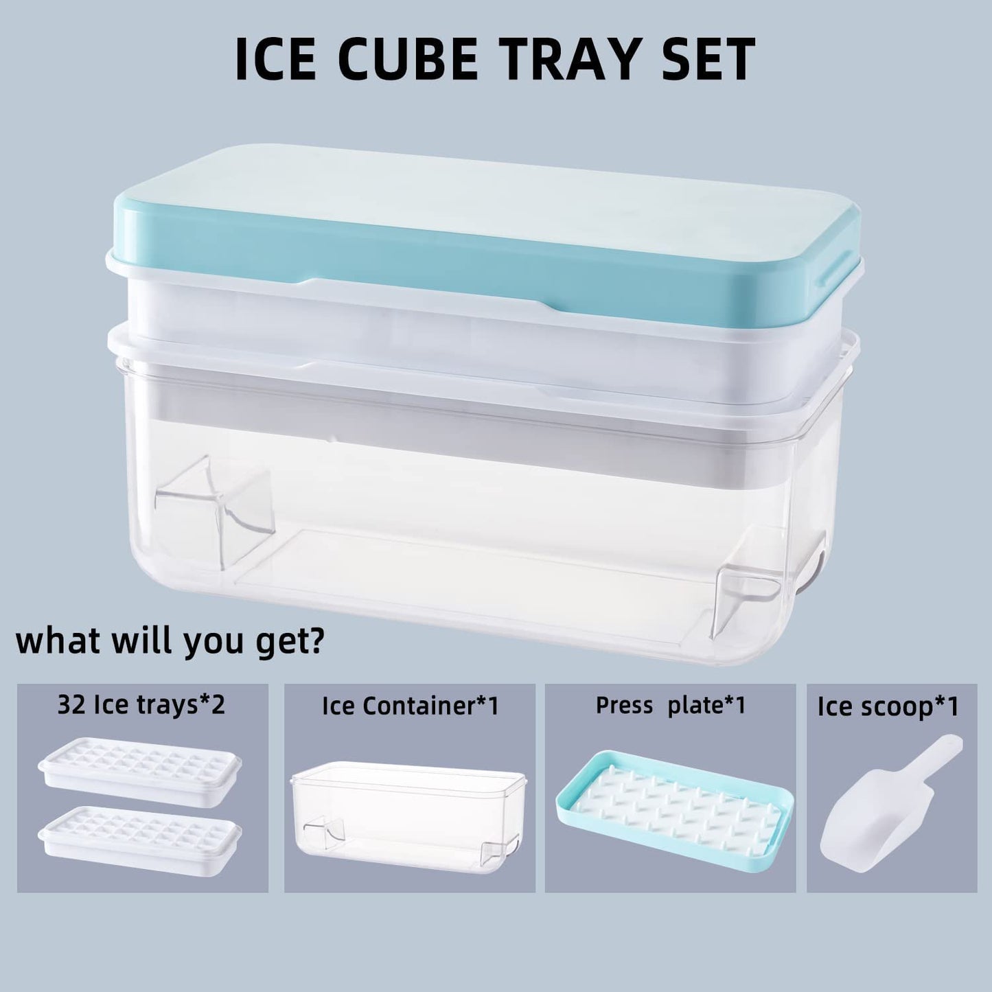 Press to Release Stackable 64Pcs Ice Molds Trays with Ice container Ice Maker Blue