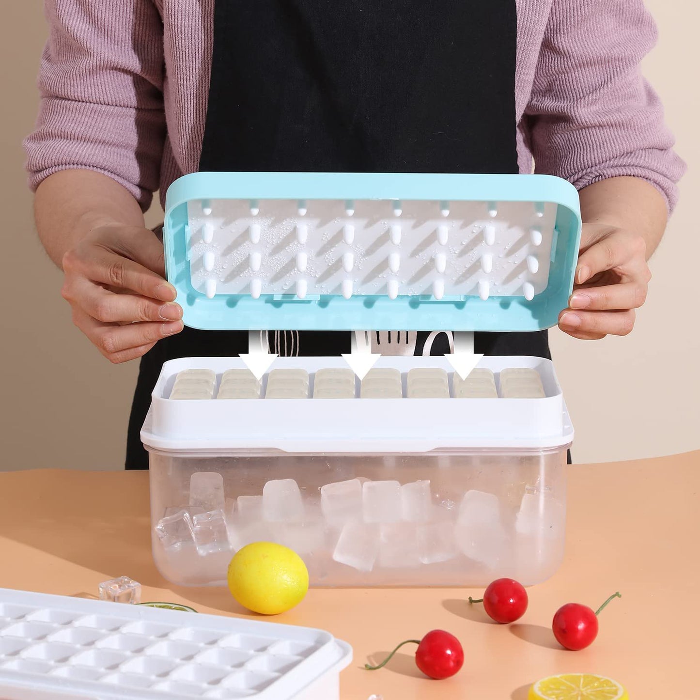 Press to Release Stackable 64Pcs Ice Molds Trays with Ice container Ice Maker Blue