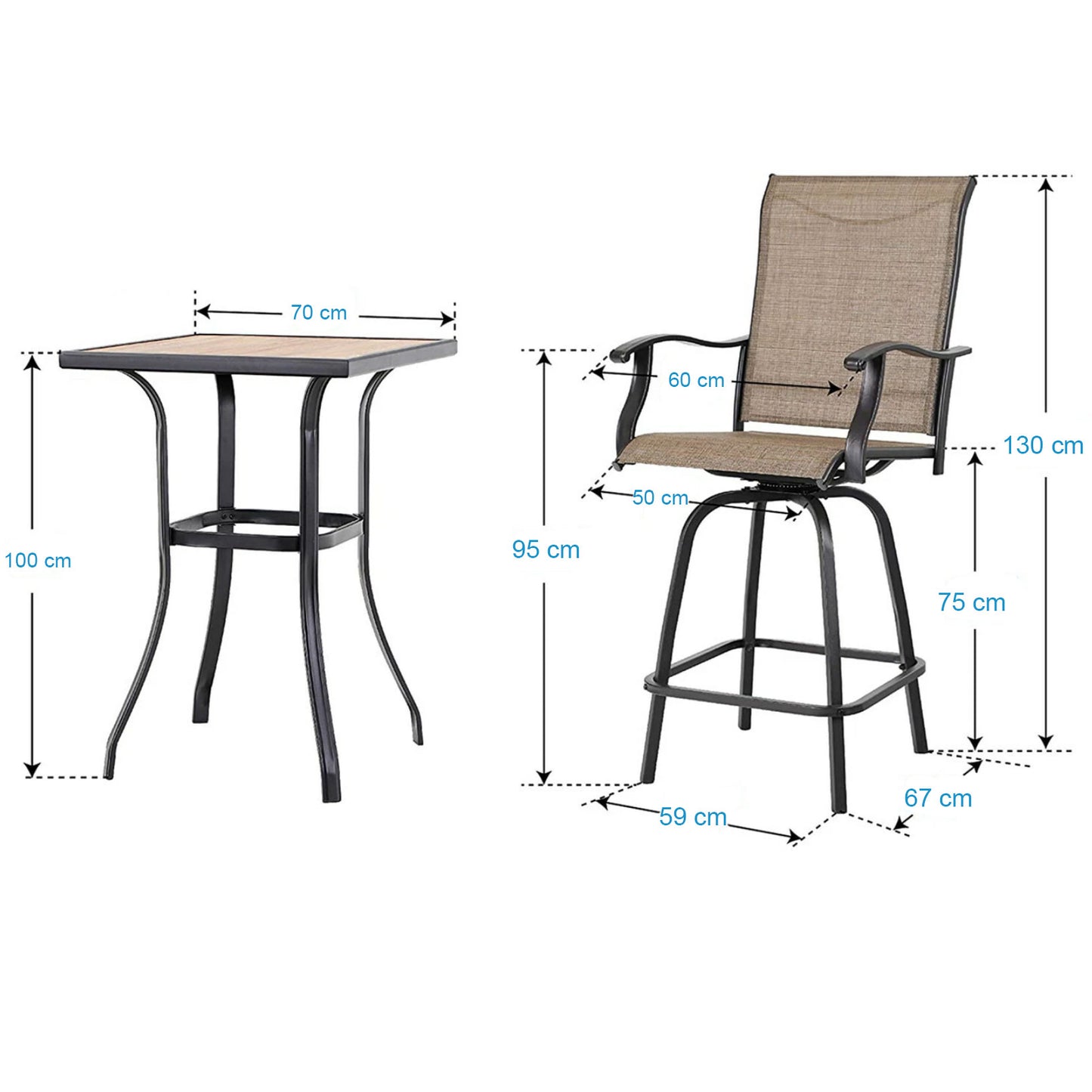 3Pcs Outdoor Patio Bar Stools Set, Swivel Bistro Chairs with High Back