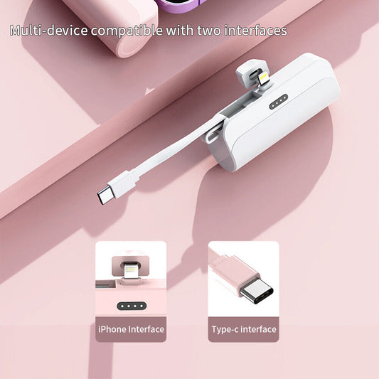 Mini Power Bank Portable 6500mAh UltraCompact Power Bank Battery Pack For iPhone/Android (Lightning / Type-C) White