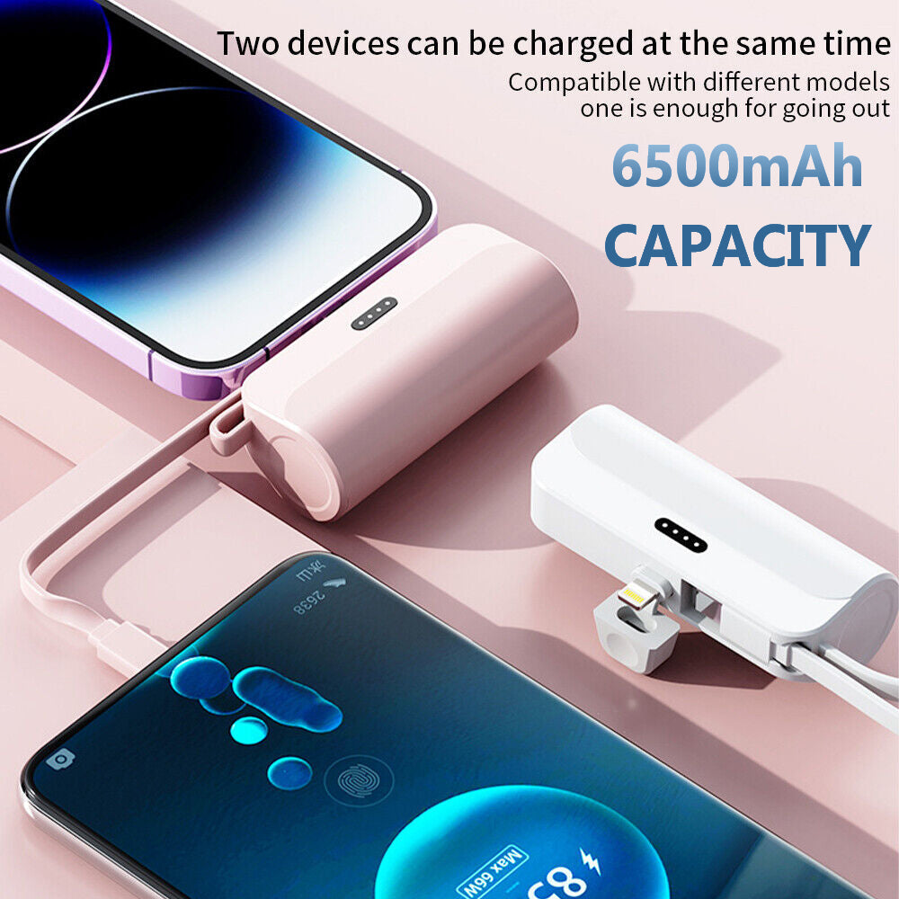 Mini Power Bank Portable 6500mAh UltraCompact Power Bank Battery Pack For iPhone/Android (Lightning / Type-C) White
