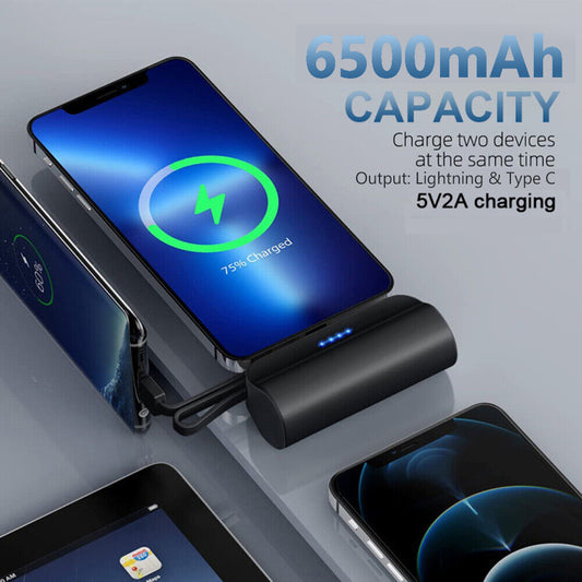 Mini Power Bank Portable 6500mAh UltraCompact Power Bank Battery Pack For iPhone/Android (Lightning / Type-C) Black