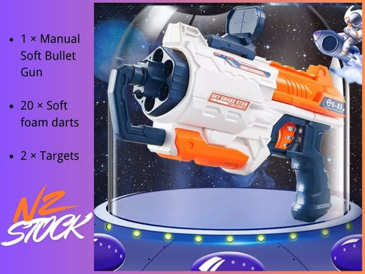 6-Dart Manual Soft Bullet Gun – Slam Fire Blaster with 20 Safe Foam Darts and Targets