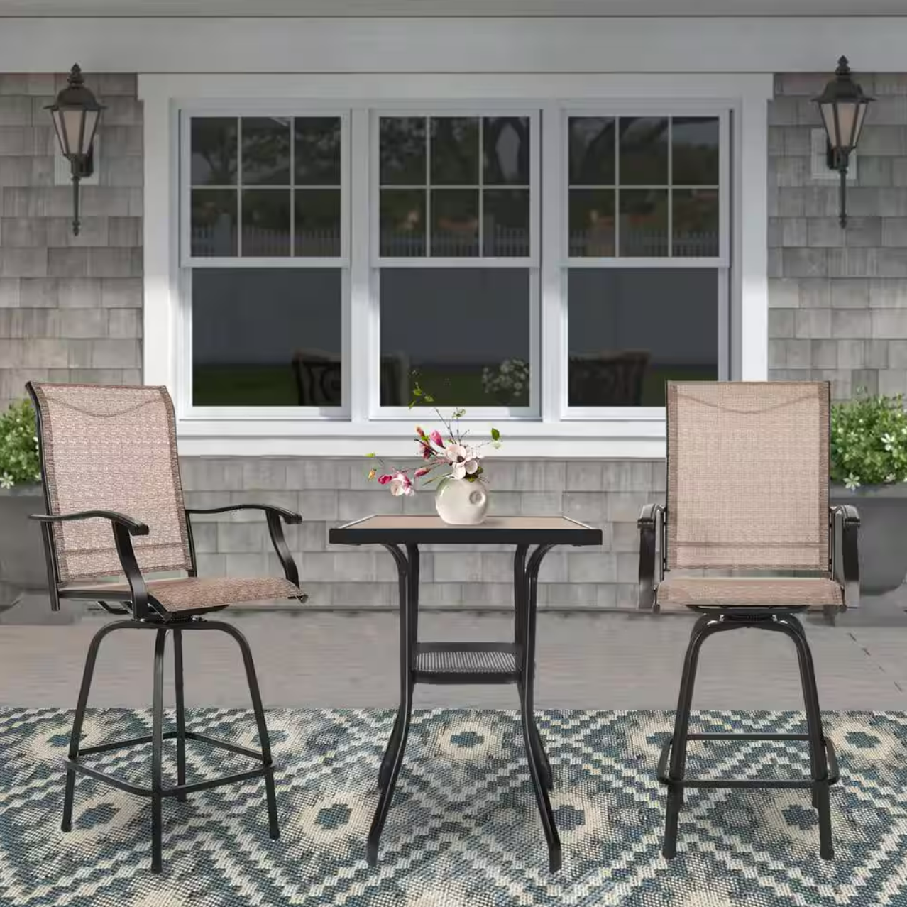 3Pcs Outdoor Patio Bar Stools Set, Swivel Bistro Chairs with High Back