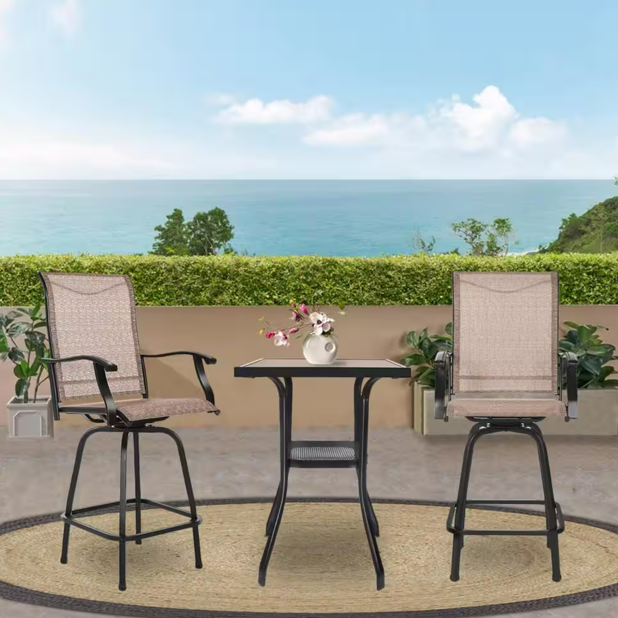 3Pcs Outdoor Patio Bar Stools Set, Swivel Bistro Chairs with High Back