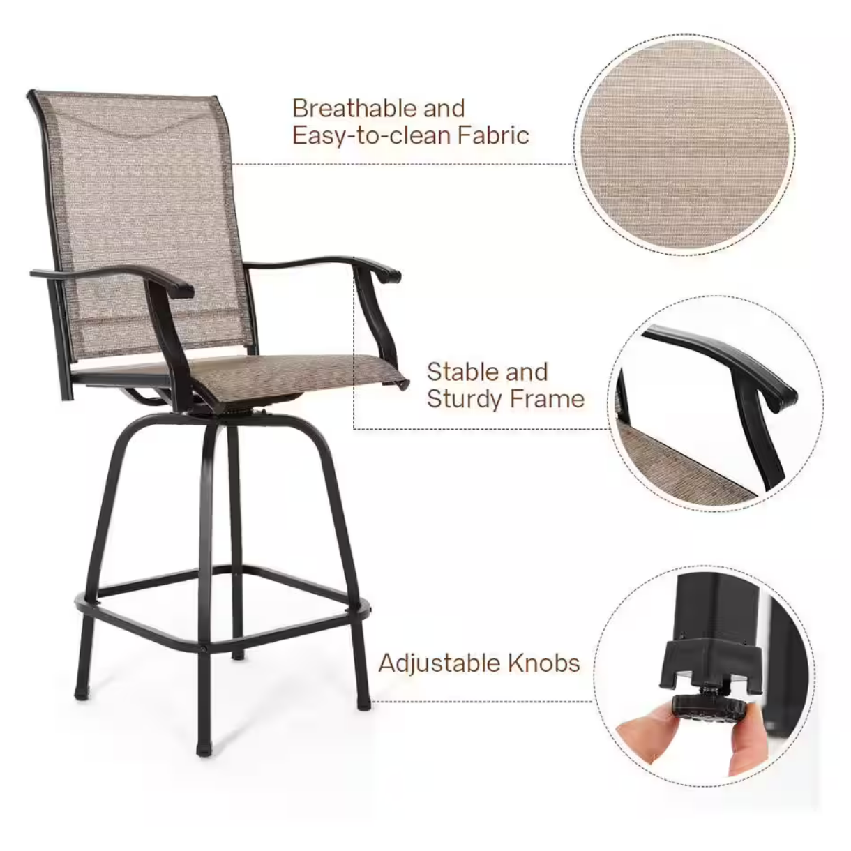 3Pcs Outdoor Patio Bar Stools Set, Swivel Bistro Chairs with High Back