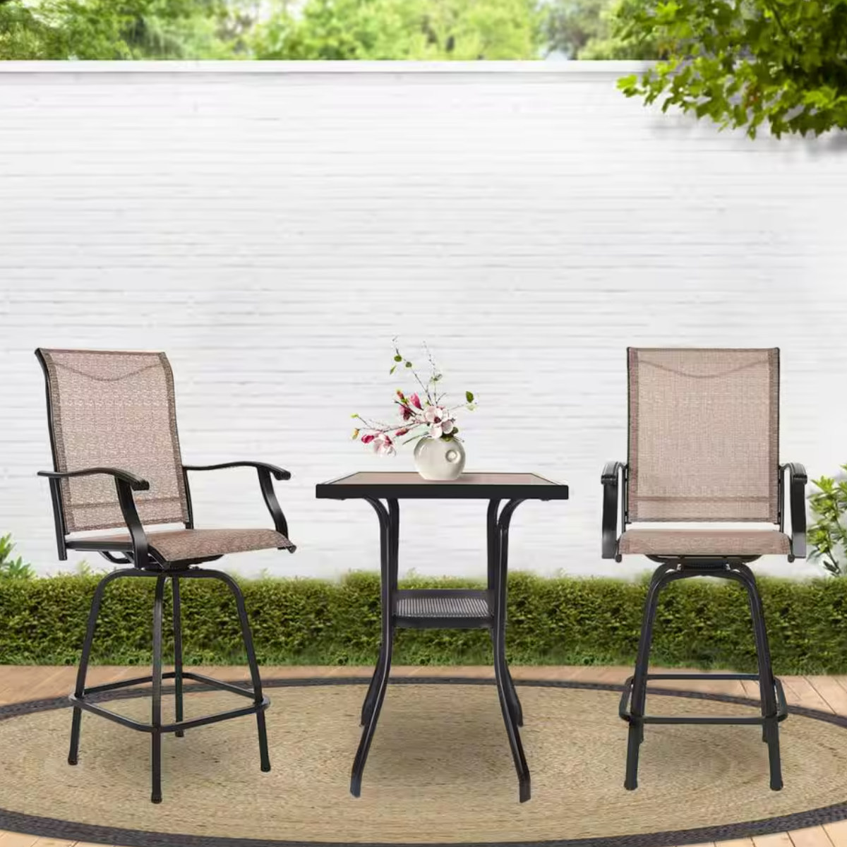 3Pcs Outdoor Patio Bar Stools Set, Swivel Bistro Chairs with High Back