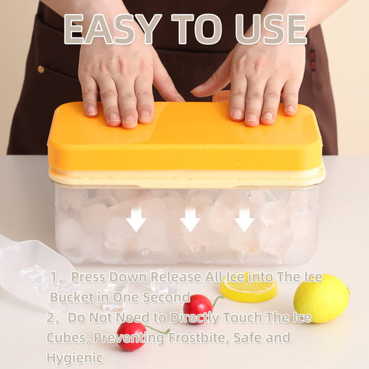 Press to Release Stackable 64Pcs Ice Molds Trays with Ice container Ice Maker Yellow