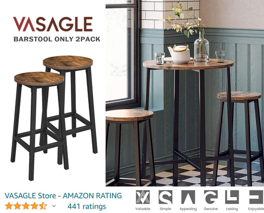 VASAGLE Bar Stools Set of 2 Bar Chairs Kitchen Chairs