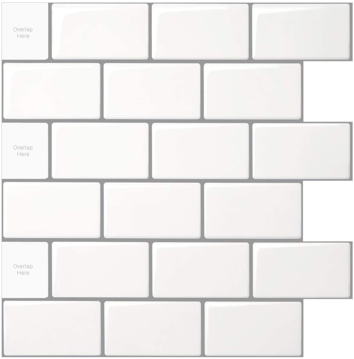 5-Sheet self-adhesive 3D tiles Peel and Stick Backsplash, 30cm x 30 cm. Subway 3D Wall Panels, Mono White with Gray Grout