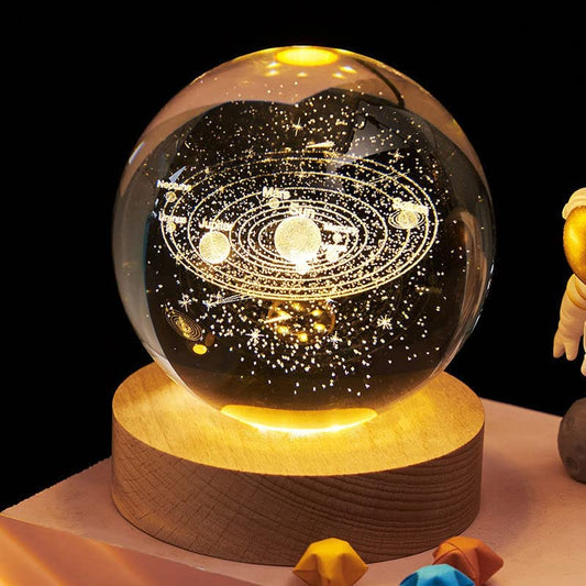 3D Solar System Crystal Ball Night Light Dimmable Warm White Night Lights Wooden Base