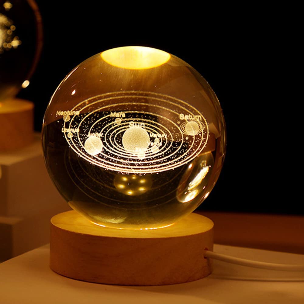 3D Solar System Crystal Ball Night Light Dimmable Warm White Night Lights Wooden Base