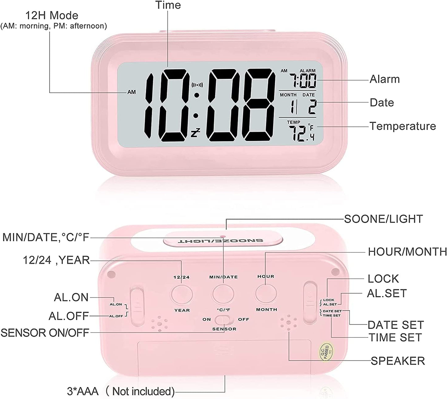 Smart LCD Night Light Digital Date Temperature Alarm Clock Black