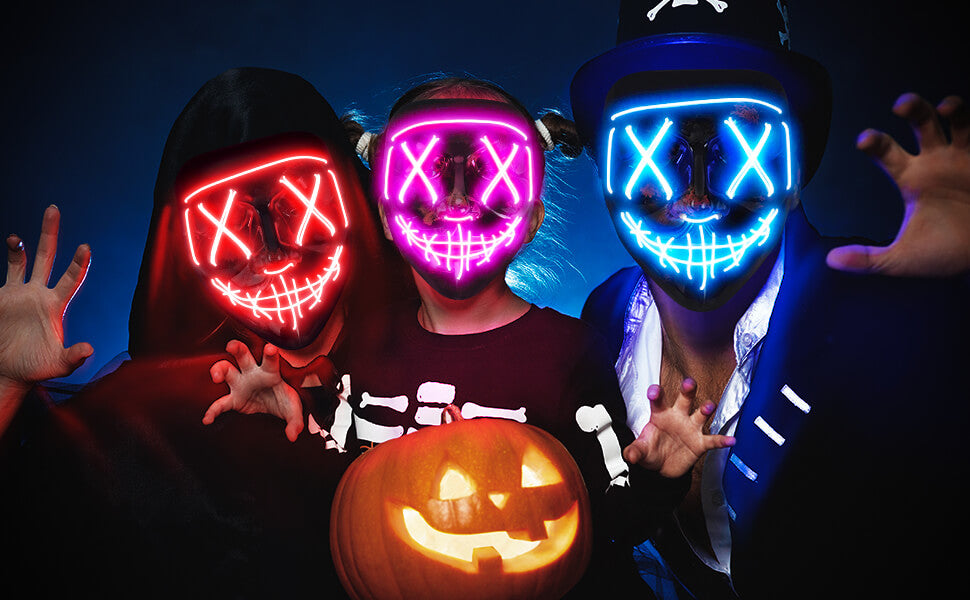 Scary LED Halloween Mask Masquerade Cosplay Light Up Face Mask for Men Women Kids Light Blue