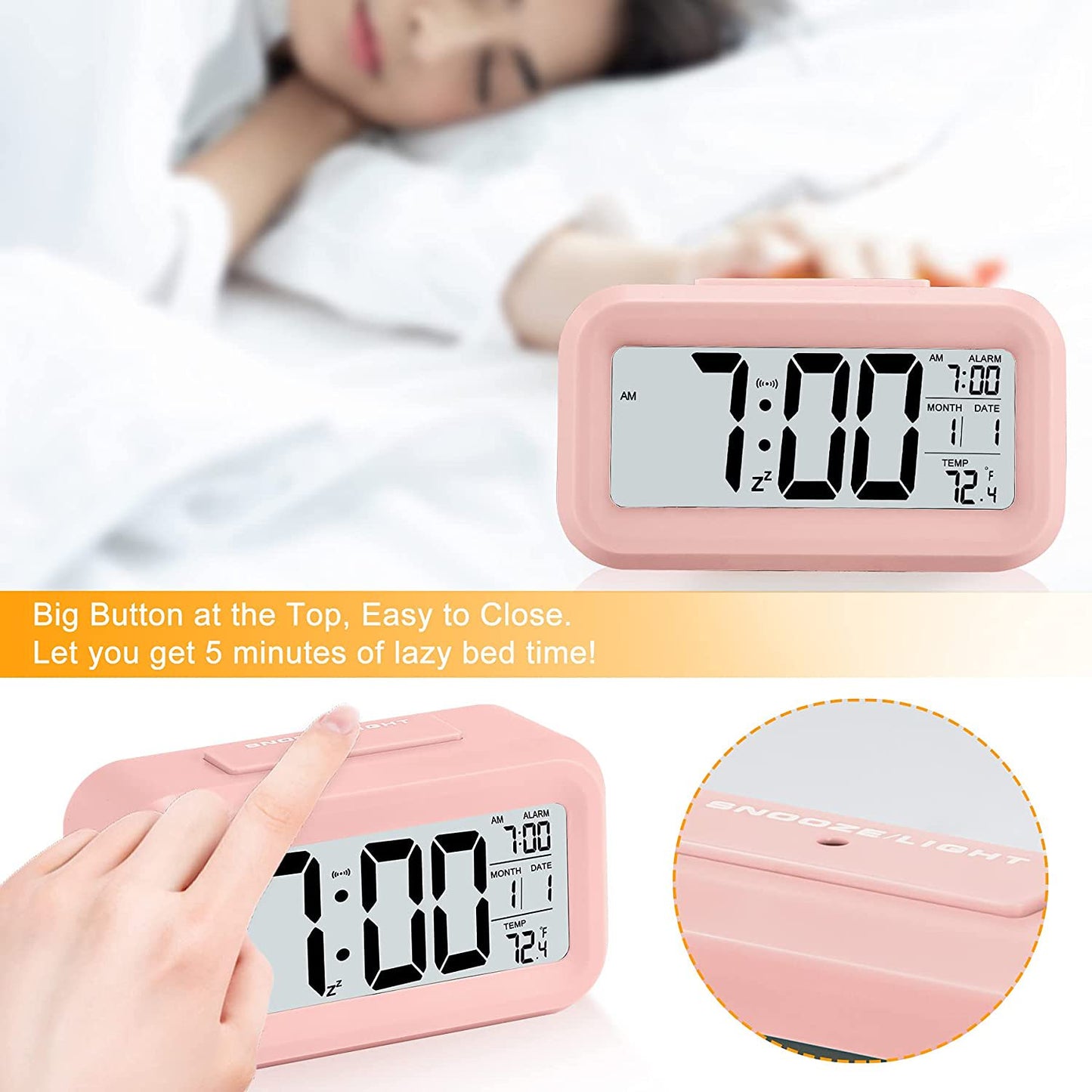 Smart LCD Night Light Digital Date Temperature Alarm Clock Black