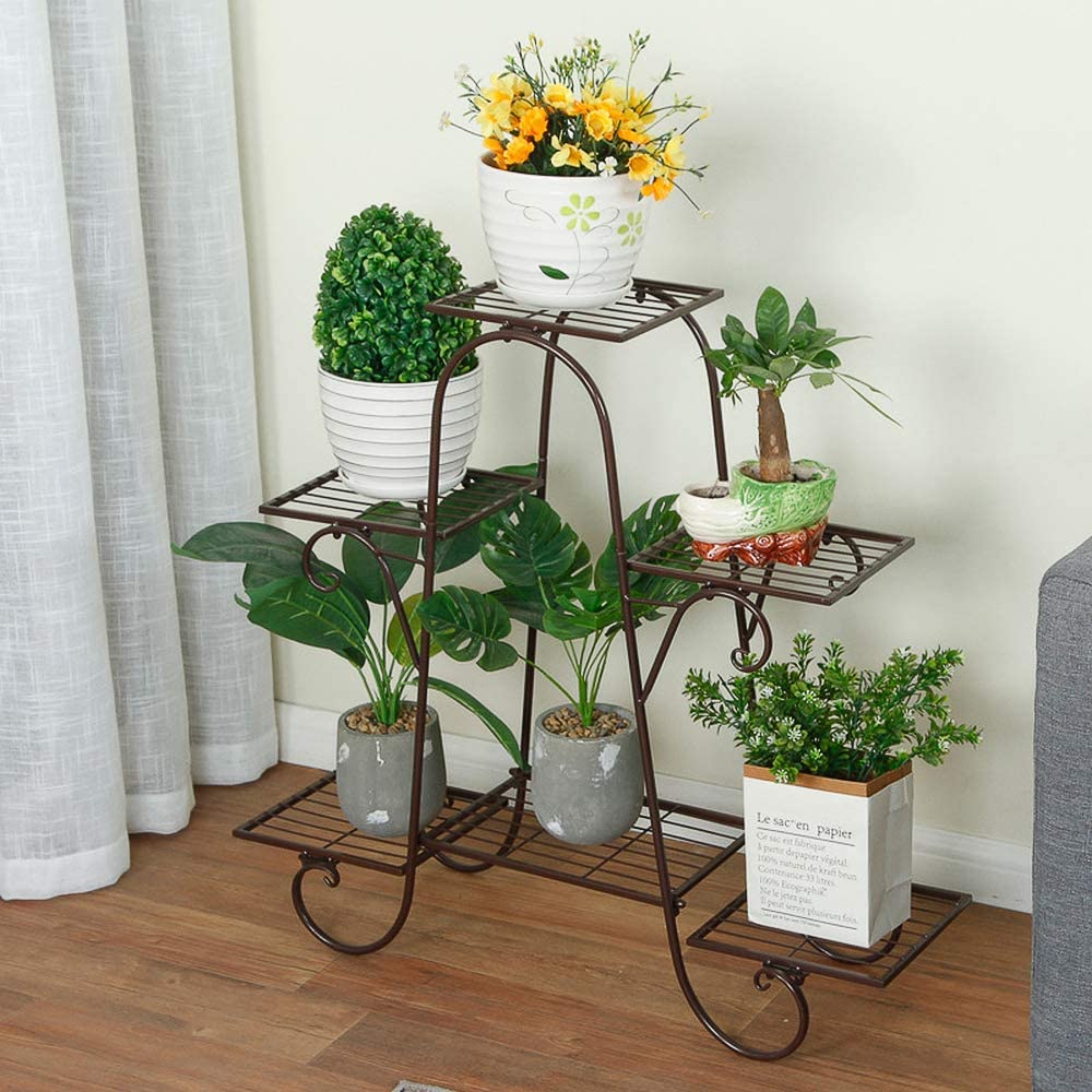 Plant Stand 6 Tier Metal Shelves Flower Pot Display Brown