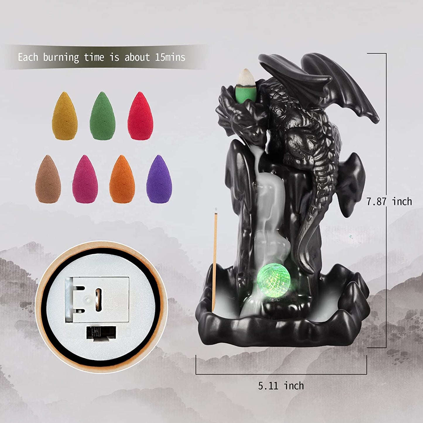 Backflow Incense Burner Dragon Mountain with cones