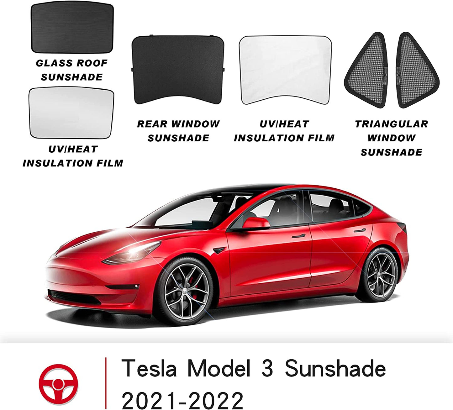 Tesla Model 3 Sunshades 2022 2021 Glass Roof and Half Rear Window Sunshade Foldable with UV/Heat Insulation Film Cover Set(6Pcs)