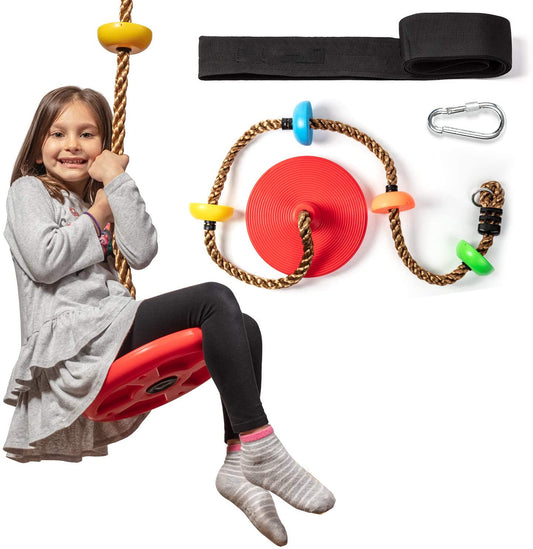 Climbing Rope Tree Swing with Platforms and Disc Swings Seat Playground Swingset Red