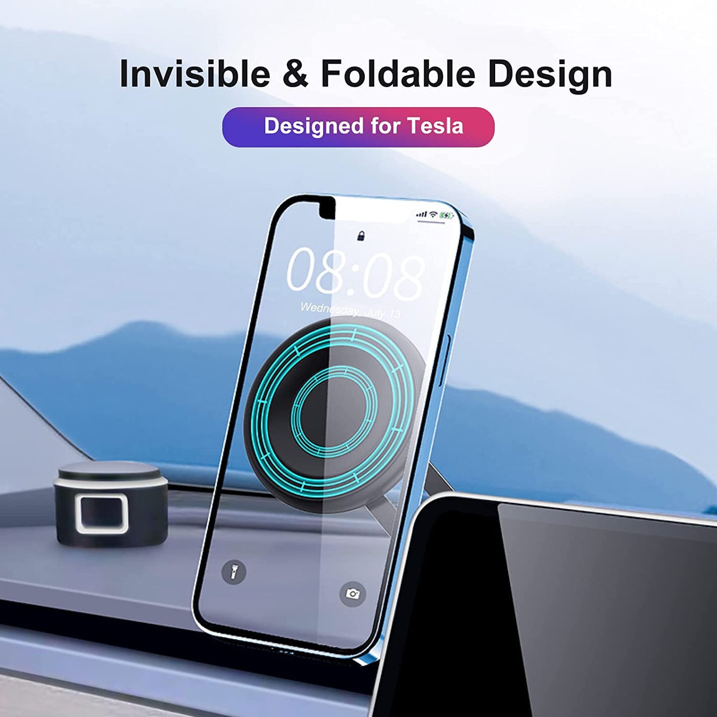 Car Phone Holder Mount for Tesla Model 3/X/Y/S, Adjustable Magnetic Car Phone Mount 360° Free Rotation Foldaway Car Mount Phone Holder for MagSafe Compatible with iPhone 12/13/14 and Other Phone-BLACK