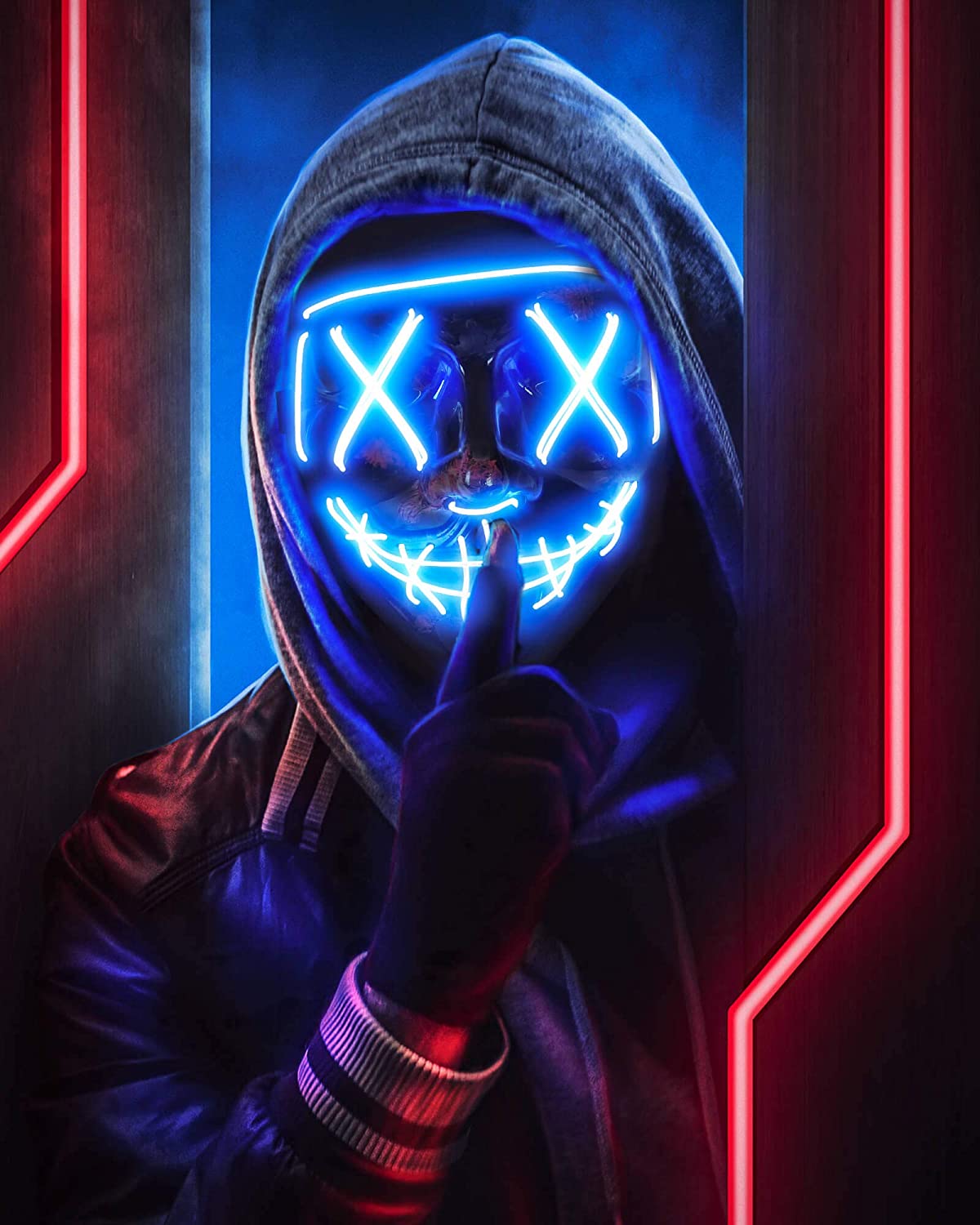 Scary LED Halloween Mask Masquerade Cosplay Light Up Face Mask for Men Women Kids Light Blue