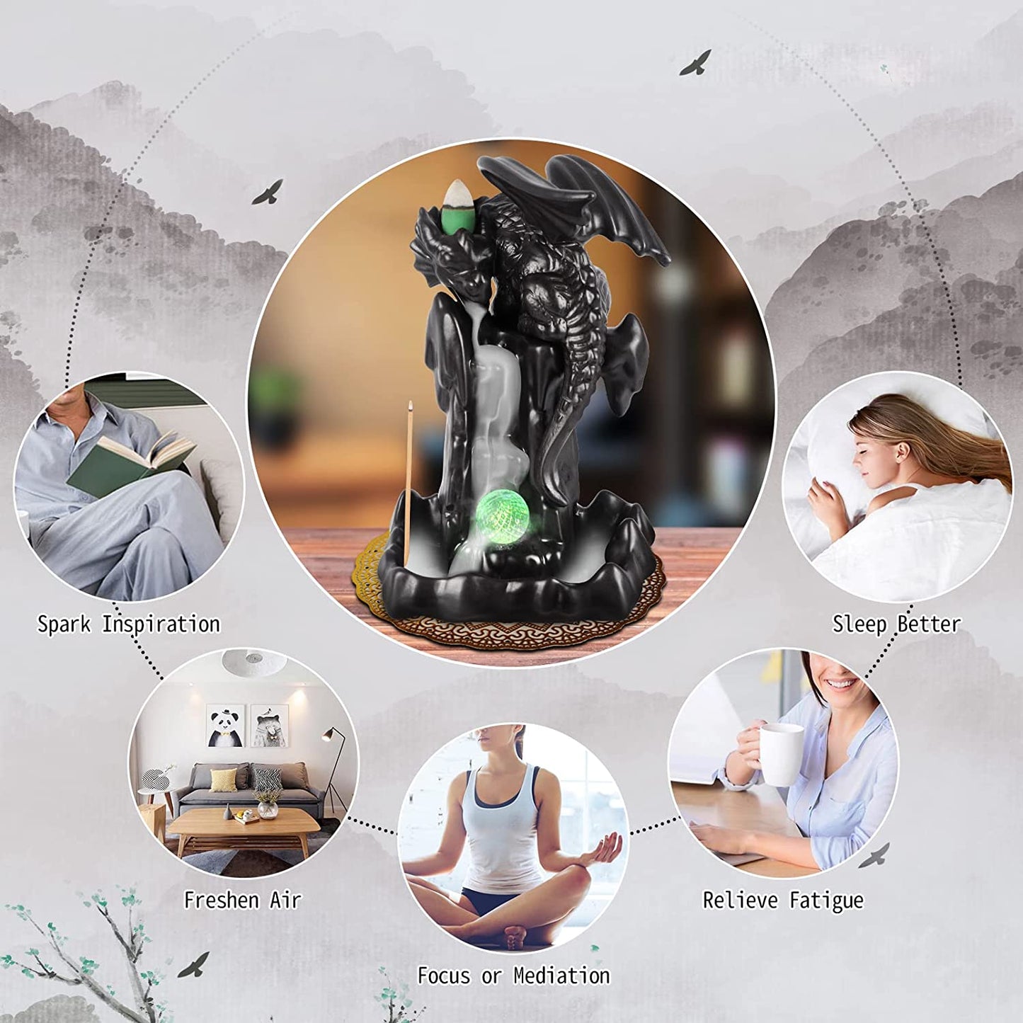 Backflow Incense Burner Dragon Mountain with cones